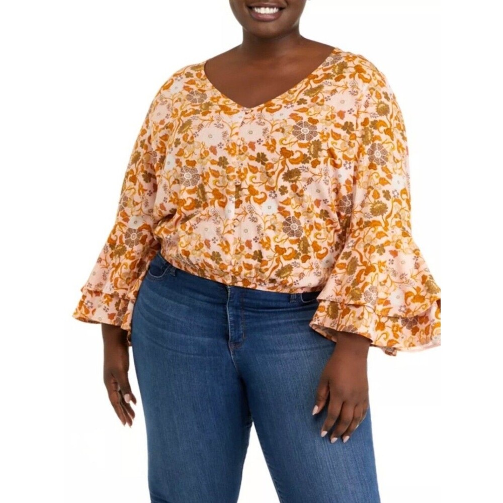 Gypsies & Moondust Boho Floral Bell Sleeve Top Pink Size 3X NWT
